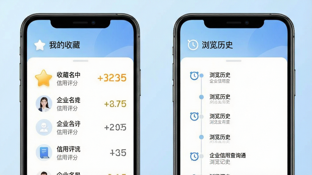 一张展示企业信用查询通收藏与历史记录功能的图片,画面为手机屏幕界面,屏幕内显示“我的收藏”和“浏览历史”两个模块,收藏列表中有企业名称和信用评分,历史记录以时间轴形式排列,排版为上下结构,风格清新简洁,细节上收藏图标为星形,历史图标为时钟,背景为浅蓝色渐变,画质干净无多余元素,图片中文字包含“企业信用查询通”