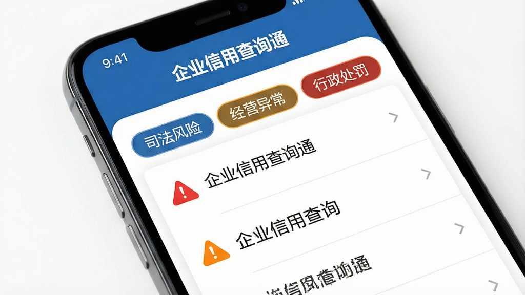 一张展示企业信用查询通风险信息归集功能的图片,画面为手机屏幕特写,屏幕内显示风险信息页面,上方是风险分类标签如“司法风险”“经营异常”“行政处罚”,下方是列表式风险条目,每条带有红色或橙色警示图标,排版为纵向列表,风格简洁商务,细节上标签有选中状态高亮,背景为白色,画质干净锐利,图片中文字包含“企业信用查询通”