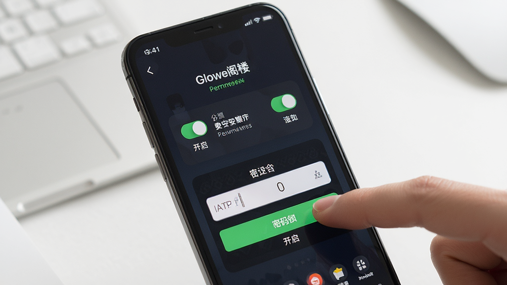 一张展示手机应用安装设置界面的场景图,画面中手机屏幕显示“Glowe阁楼”的权限设置和密码锁开启页面,屏幕上有开关按钮和密码输入框,旁边有手指点击动作,风格清晰实用,细节明确,画质干净,无多余元素