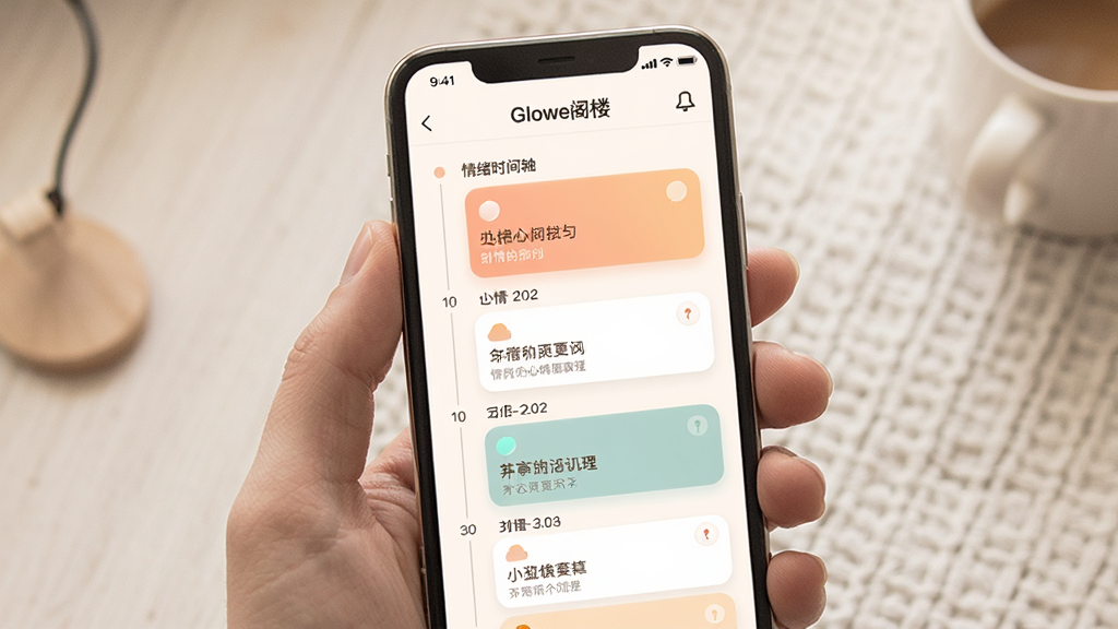 一张展示手机应用时间轴界面的场景图,画面中手机屏幕显示“Glowe阁楼”的情绪时间轴页面,屏幕上纵向排列着不同日期的心情记录卡片,卡片带有颜色标识和简短文字,布局整齐,风格柔和温暖,细节清晰,画质干净,无多余元素