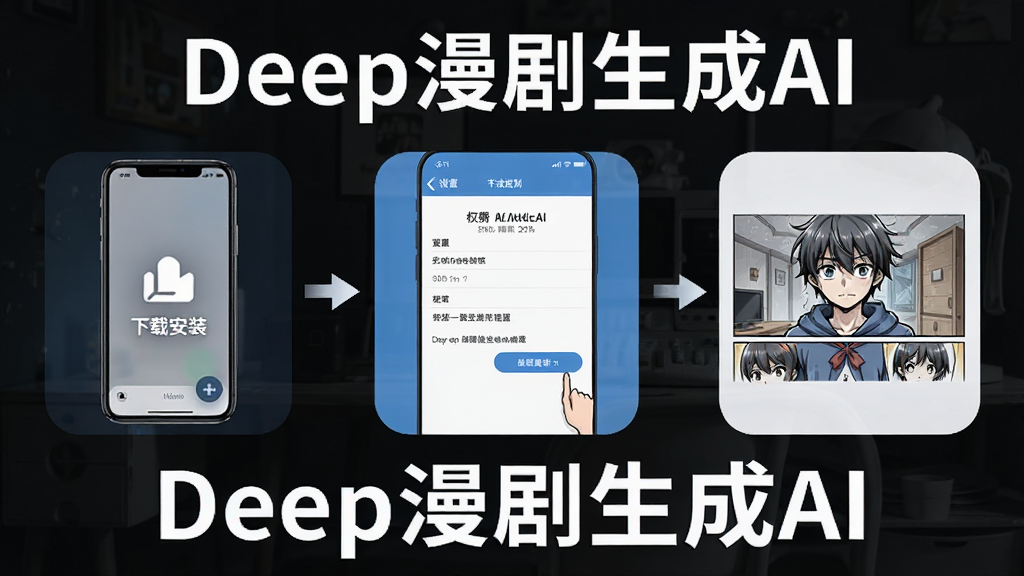 一张展示Deep漫剧生成AI新手操作流程的示意图,画面分为三个步骤图标横向排列,第一步手机屏幕显示下载安装,第二步显示权限设置界面,第三步显示生成成功的漫画画面,风格简洁明了,布局清晰,画质干净,图片中打文字“Deep漫剧生成AI”
