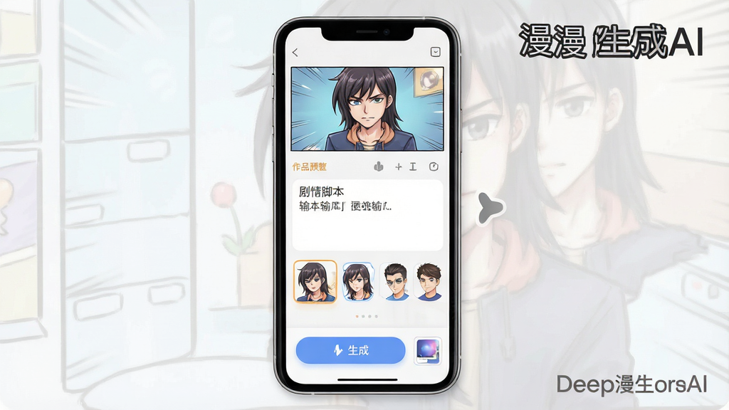 一张展示Deep漫剧生成AI软件界面的手机样机图,主体是一部竖屏手机,屏幕内显示漫画风格的短剧编辑界面,布局上方是作品预览区,中间是剧情脚本输入框和角色选择栏,下方是生成按钮和模板库入口,风格为现代扁平化设计,细节圆润,画质干净清晰,无多余元素,图片中打文字“Deep漫剧生成AI”