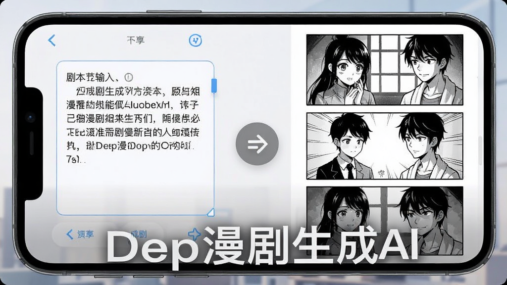 一张展示Deep漫剧生成AI剧本转漫剧功能的界面截图,画面主体是手机屏幕,左侧显示文字剧本输入框,右侧显示自动生成的漫画分镜预览,中间有转换箭头图标,风格简洁现代,画质干净,图片中打文字“Deep漫剧生成AI”