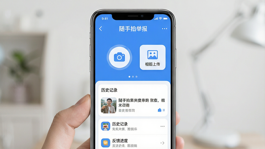 随手拍举报应用主界面全貌展示,画面中央是一部智能手机,屏幕显示随手拍举报App的首页,顶部为标题栏写着“随手拍举报”,中间是醒目的相机拍摄按钮和相册上传入口,下方排列着历史记录与反馈进度列表,整体布局简洁清晰,采用蓝白配色,风格现代扁平化,细节圆润,画质干净明亮,无多余元素
