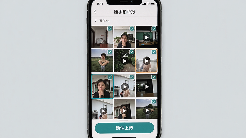 随手拍举报功能界面展示,画面中一部手机屏幕显示相册导入界面,网格状排列着多张待选图片和视频缩略图,部分文件被勾选高亮,底部有“确认上传”按钮,界面顶部标注“随手拍举报”字样,背景为浅灰色,风格清爽简约,细节清晰,画质干净