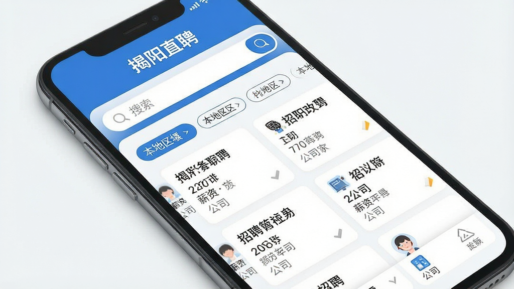 一张展示“揭阳直聘”APP核心界面的手机样机图,画面中央是手机屏幕,屏幕内显示“揭阳直聘”APP的首页,顶部有“揭阳直聘”文字标识,页面布局包含搜索框、本地区县筛选栏、以及排列整齐的招聘岗位卡片,卡片上显示职位名称、薪资和公司简称,整体布局清晰,风格现代简洁,以蓝色和白色为主色调,画质干净,无多余元素