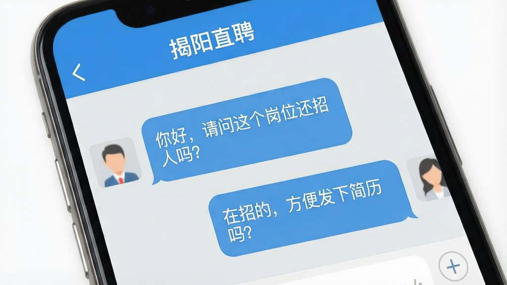 一张展示“揭阳直聘”APP聊天界面的手机截图样机,屏幕内显示求职者与招聘方的对话气泡,对话内容包含“你好,请问这个岗位还招人吗?”和“在招的,方便发下简历吗?”,顶部有“揭阳直聘”标题栏,界面风格清爽,以浅灰色和蓝色为主,画质干净,无多余元素