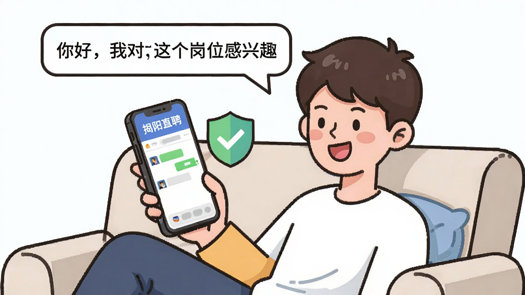 一张卡通风格的插画,画面中一个年轻人坐在沙发上拿着手机,手机屏幕上显示“揭阳直聘”的聊天界面,年轻人头上有一个对话框写着“你好,我对这个岗位感兴趣”,旁边有一个打勾的盾牌图标表示安全,风格轻松活泼,画质干净,无多余元素