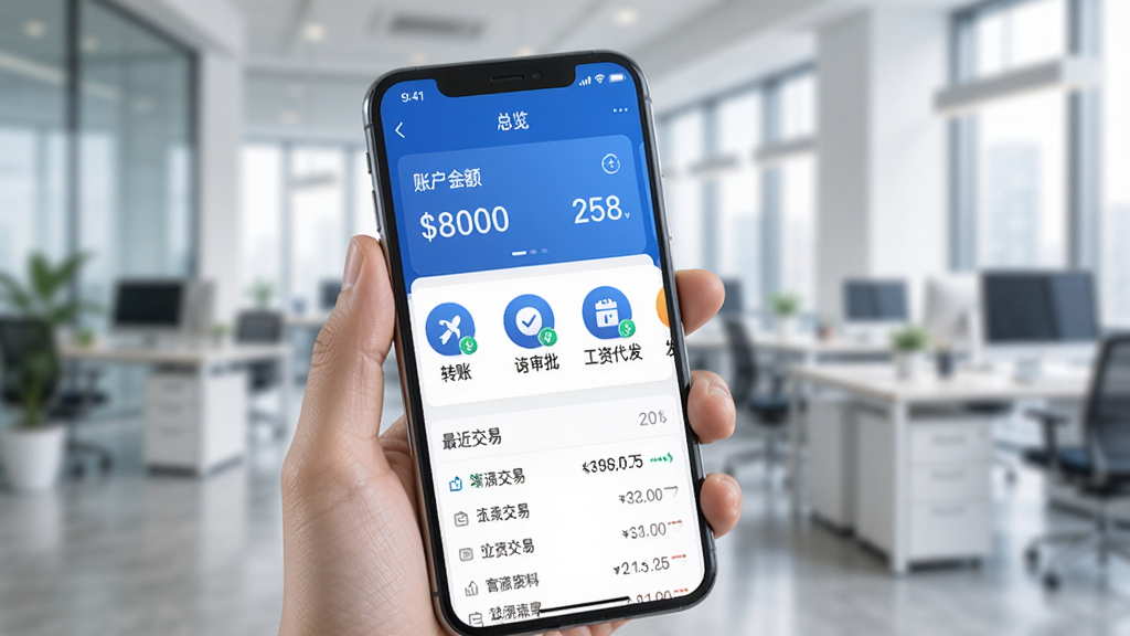 深农商企业版手机应用主界面,一只手拿着智能手机,屏幕显示企业账户总览页面,蓝色主色调,上方是账户余额卡片,中间是转账、审批、工资代发功能图标阵列,下方是最近交易流水列表,背景是模糊的现代办公室环境,风格干净简洁,画质清晰,无多余元素