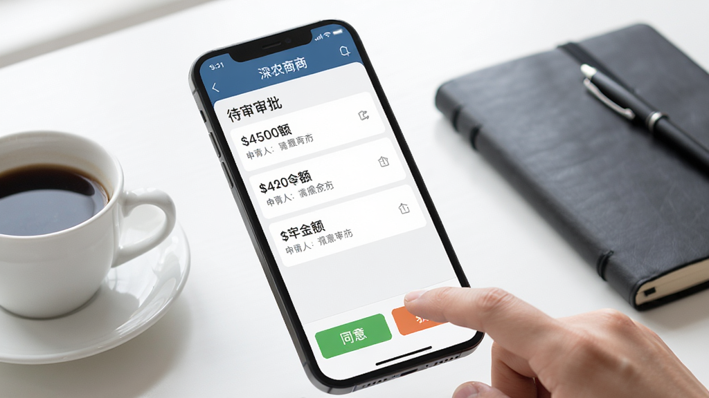 深农商企业版移动审批界面,手机屏幕特写显示待审批列表,每条记录带有金额和申请人信息,底部有同意和驳回按钮,手指正点击同意按钮,旁边有一杯咖啡和笔记本,风格商务简约,光线明亮,画质干净