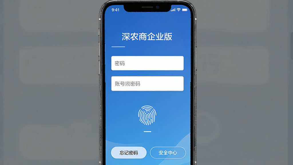 深农商企业版登录界面手机截图,屏幕显示账号密码输入框和指纹识别图标,下方有“忘记密码”和“安全中心”按钮,界面为蓝色渐变背景,简洁商务风格,画质清晰,无杂乱元素