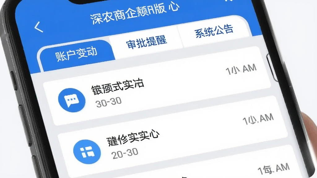 深农商企业版消息中心页面,手机屏幕显示分类消息列表,顶部有账户变动、审批提醒、系统公告标签页,每条消息带有图标和时间戳,界面清爽,蓝色点缀,背景为浅灰色,风格扁平化设计,画质清晰