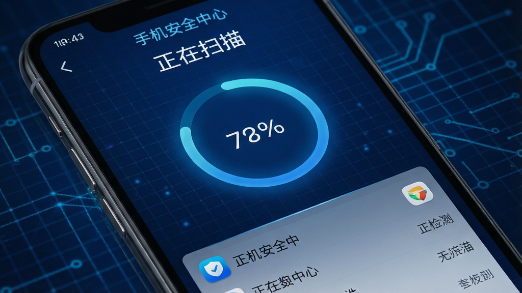 手机屏幕画面,显示“手机安全中心”正在扫描的界面,圆形进度条转动到百分之七十左右,下方列表滚动显示正在检测的应用名称,背景是深蓝色科技感网格纹理,界面顶部有“正在扫描”字样,整体风格简洁现代,画质清晰锐利,无杂乱元素