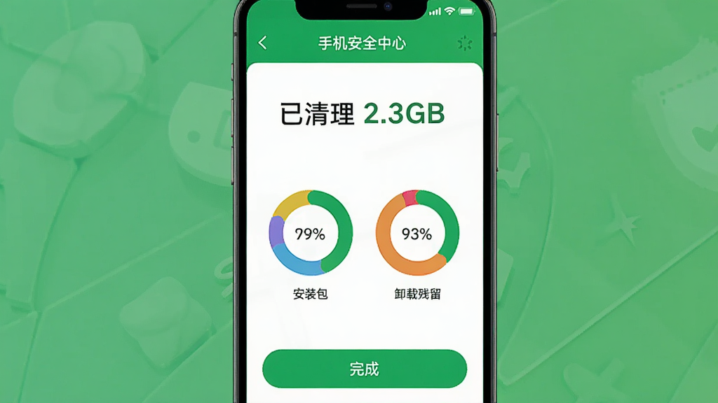 手机屏幕截图风格,展示“手机安全中心”的垃圾清理结果页面,顶部显示“已清理 2.3GB”的大字,下方用彩色圆环图展示缓存文件、安装包、卸载残留各自占用的比例,底部有“完成”按钮,界面配色清爽,以绿色和白色为主,布局规整,画质干净明亮
