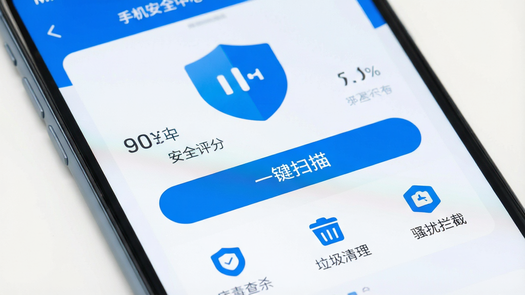 一张手机屏幕特写,画面中央是“手机安全中心”APP的主界面,蓝色盾牌图标醒目,界面布局简洁,上方显示安全评分,中间是“一键扫描”大按钮,下方排列着“病毒查杀”“垃圾清理”“骚扰拦截”三个功能入口,整体风格扁平化设计,配色以蓝白为主,光线明亮柔和,画质清晰干净,无多余装饰元素