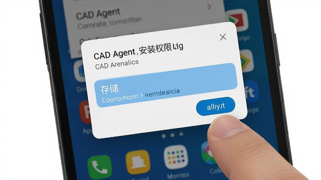 一张展示CAD Agent安装权限设置界面的图片,画面中手机屏幕显示安卓系统的权限申请弹窗,