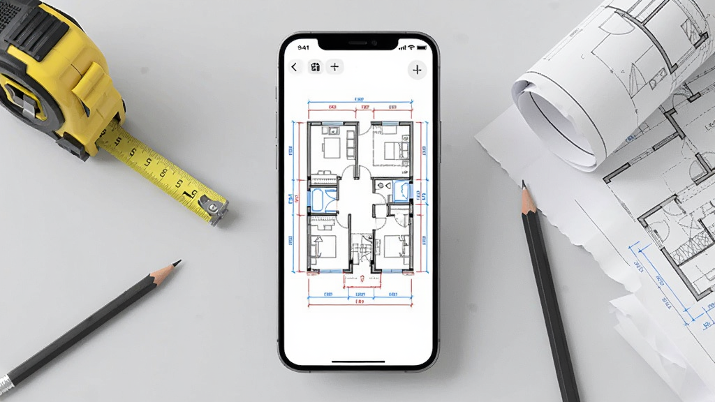 一张展示CAD Agent手机应用主界面的图片,画面中央是一部竖屏手机,屏幕上显示着一张建筑平面CAD图纸,图纸线条清晰,有蓝色和红色的标注线,手机旁边散落着卷尺、铅笔和一张纸质蓝图,背景是浅灰色工作台面,风格简洁现代,细节干净,画质清晰无多余元素