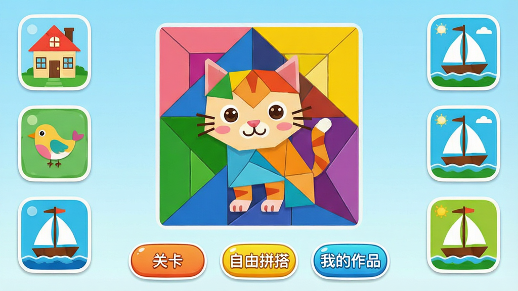 һ��չʾ���ɰ�ƴƴApp��������ֻ���ͼ������������ɫ�����޵����ɰ�ƴͼ��Ϸ������ʾһֻ�����ɰ�ƴ�ɵĿ�ͨСèͼ������Χ�����Ŷ�������ƴͼ������ͼ�꣬��С���ӡ�С�񡢷����ȣ���������͵�ǳ��ɫ���䣬����ײ��С��ؿ�����������ƴ������ҵ���Ʒ������Բ�ǰ�ť���������������ã��ʺ϶�ͯʹ�ã������������ɾ��޶���Ԫ��