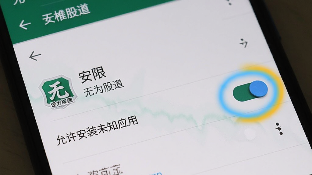 一部安卓手机屏幕显示“无为股道”软件的安装权限设置界面,画面中有“允许安装未知应用”的开关按钮被高亮标注,背景是手机系统设置菜单,风格简洁直观,画质清晰,无多余元素