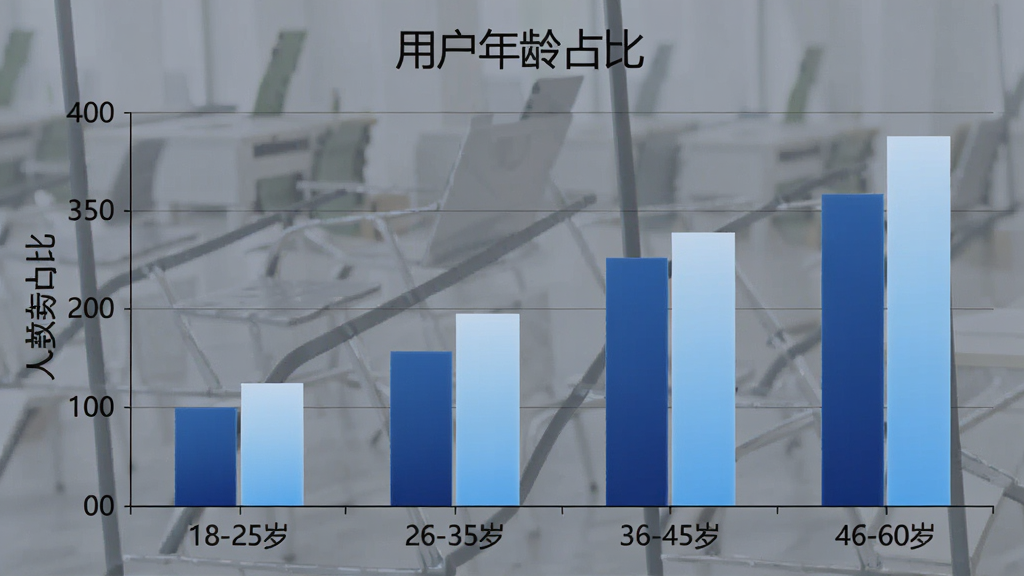 一张柱状图,展示“无为股道”用户年龄分布,横轴为年龄段“18-25岁”“26-35岁”“36-45岁”“46-60岁”,纵轴为人数占比,柱状图颜色为深蓝与浅蓝渐变,图表标题为“用户年龄占比”,风格商务简洁,画质干净,文字清晰