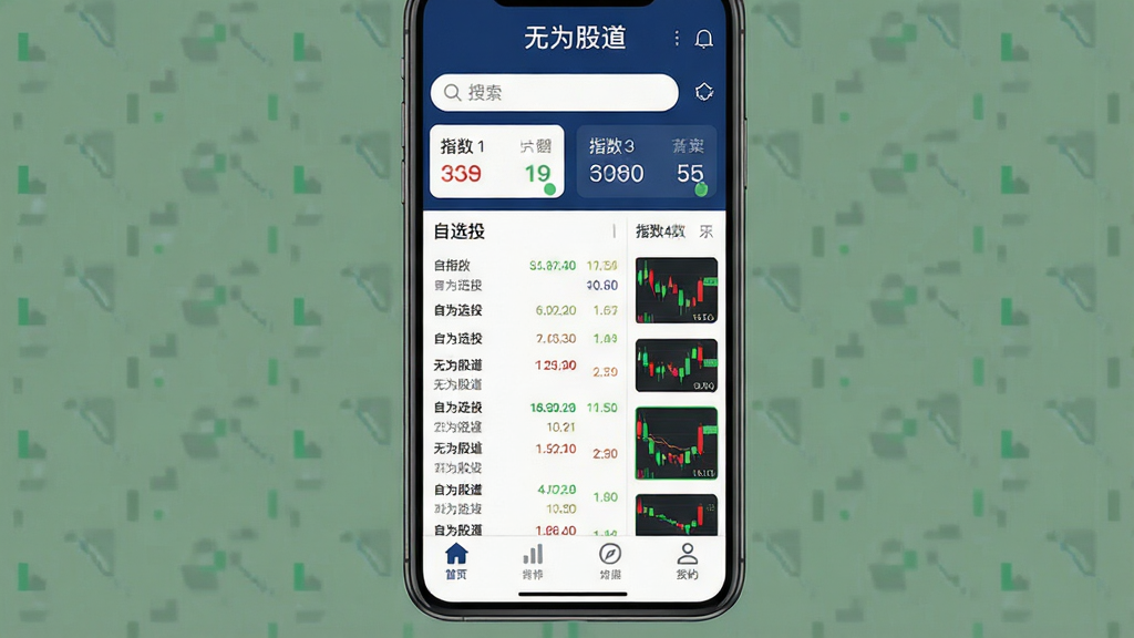 一张手机屏幕展示股票行情软件的界面,画面中央是“无为股道”软件的主页,布局为上中下结构,顶部是搜索栏和指数卡片,中间是自选股列表与红绿相间的K线缩略图,底部是四个简洁的导航图标,整体风格现代扁平化,以深蓝色和白色为主色调,文字清晰,画质干净,无多余装饰元素