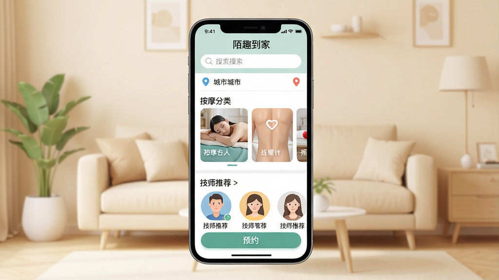 һ���ֻ�Ӧ�ý���չʾͼ������������һ�������ֻ�����Ļ����ʾ��İȤ���ҡ�Ӧ����ҳ��������������ͳ��ж�λ���в��ǰ�Ħ������࿨Ƭ�������У��ײ��Ǽ�ʦ�Ƽ��б���ԤԼ��ť������Ϊ��ܰ��ǳ��ɫ����������������ִ���ƽ����ϸ��Բ�����������ʸɾ��������޶���Ԫ��