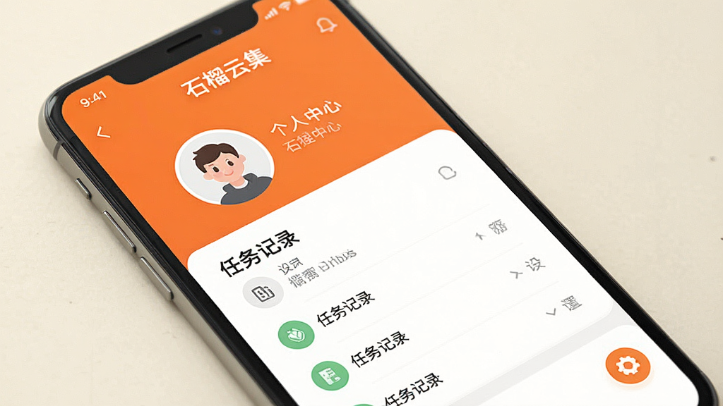 一张AI生成的界面展示图,手机屏幕上显示“石榴云集”个人中心页面,顶部有“石榴云集”文字,页面包含头像区域、任务记录列表和设置图标,布局清晰,风格扁平化,配色橙白为主,细节干净,背景为浅色,画质清晰无多余元素