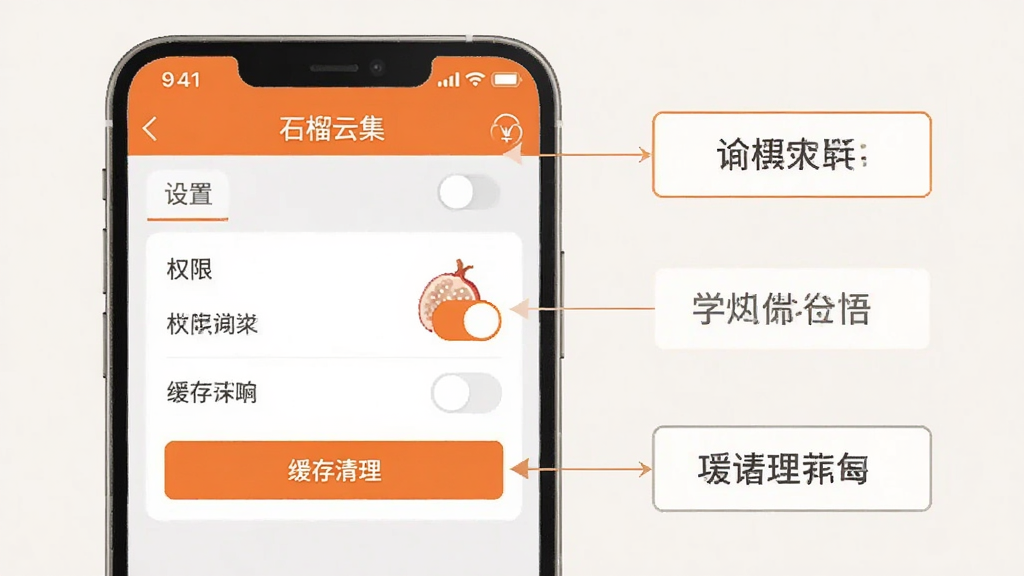 一张AI生成的手机操作示意图,画面中一部手机屏幕显示“石榴云集”应用设置页面,页面上有权限开关和缓存清理按钮,旁边有简洁的文字标注框指向不同操作区域,布局清晰,风格扁平化,配色橙白灰为主,细节干净,背景为浅色,画质清晰无多余元素