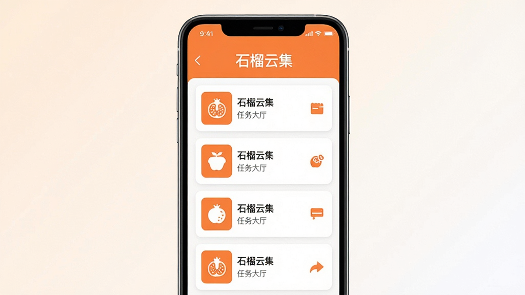 一张AI生成的界面示意图,画面主体是一部手机,屏幕上显示“石榴云集”任务大厅页面,页面顶部有“石榴云集”标题文字,下方是纵向排列的任务卡片列表,每张卡片上有文字标签和图标,布局整齐,风格为扁平化设计,配色橙白相间,细节干净利落,背景为浅色渐变,画质清晰无多余元素