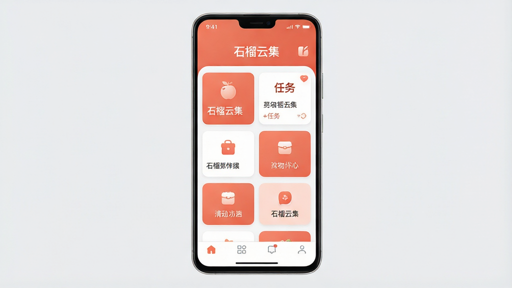 一张手机应用界面展示图,画面中央是一部竖屏安卓手机,手机屏幕上清晰显示“石榴云集”应用的主界面,界面顶部有“石榴云集”四个中文字,中间区域整齐排列着任务卡片和功能入口,底部是简洁的导航栏,整体布局干净清爽,风格现代扁平化,配色以柔和的橙红色和白色为主,细节圆润,画质干净清晰,无多余元素,背景为浅灰色纯色背景,突出手机屏幕内容
