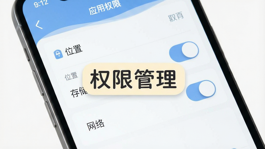 一张手机屏幕显示应用权限设置界面的示意图,画面中列出位置、存储、网络等权限开关选项,界面风格简洁,配色柔和,突出“权限管理”文字标签,画质干净清晰,无多余装饰元素