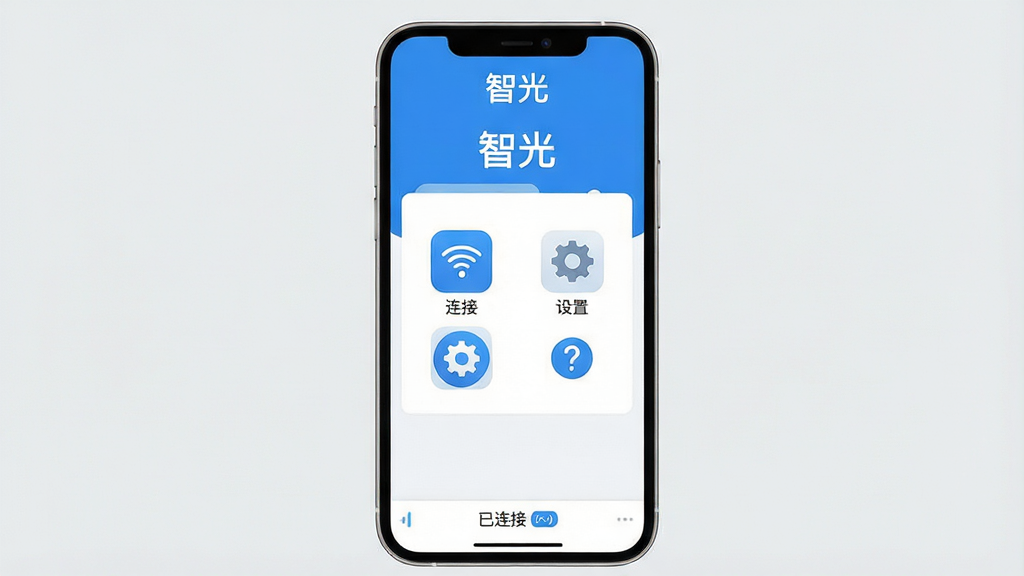 一张展示智光软件主界面的手机截图风格图片,画面中央是简洁的蓝白色调应用界面,顶部显示“智光”文字标识,中间区域排列着几个功能图标分别是连接、设置、帮助,底部有状态栏显示已连接,背景干净浅灰,风格现代扁平化设计,图标圆润细节清晰,画质干净无多余元素