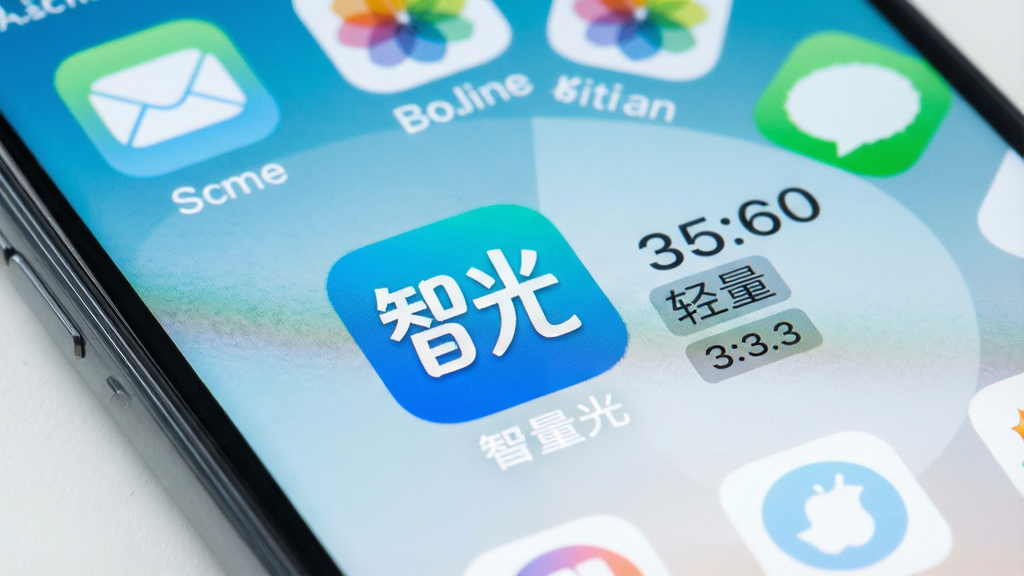 一张展示手机屏幕特写的图片,屏幕中央显示智光应用图标和旁边标注的存储占用数值,背景是手机桌面其他常用应用图标,画面风格写实清晰,色调明亮,重点突出智光图标和轻量化的数字标签,画质干净无多余元素