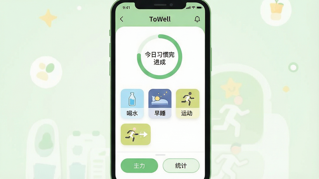 һ��չʾToWell��������ȫò�Ĳ廭�������������ֻ���Ļ����Ļ�ڳ���ToWellӦ�������棬���ּ�࣬������ʾ����ϰ����ɽ���Բ�����м��Ǽ���ϰ�ߴ򿨿�Ƭͼ�����ˮ����˯���˶����ײ�Ϊ���Ӻ�ͳ�ư�ť�����������±�ƽ����ɫ����ǳ�̺Ͱ�ɫΪ����ϸ��Բ�󣬻��ʸɾ��������޶���Ԫ��