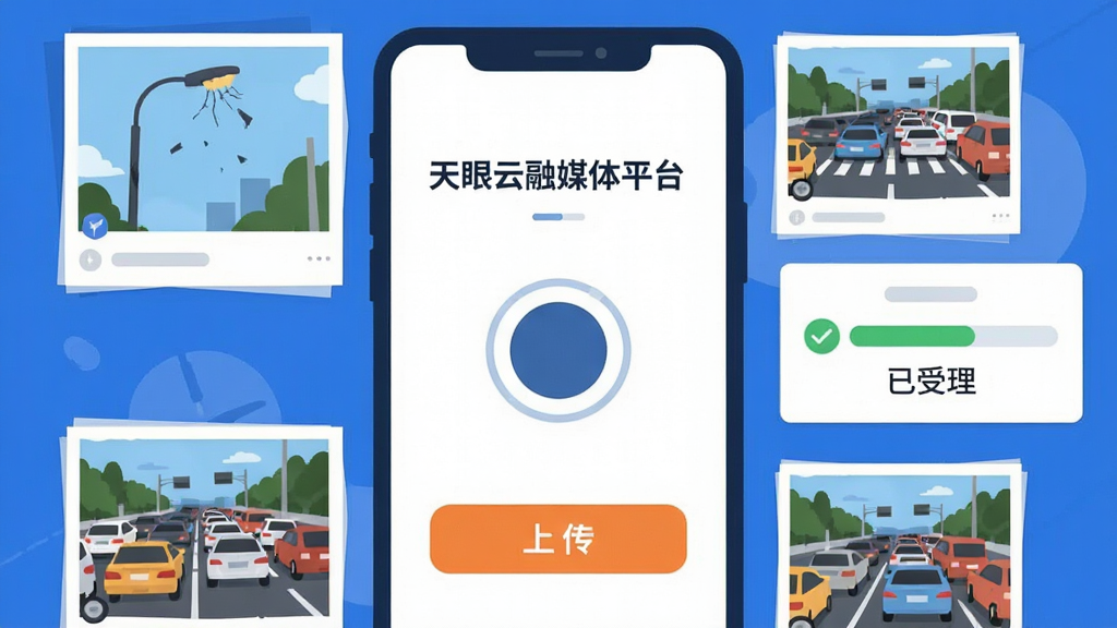 一幅竖向构图画面,展示“天眼云融媒体平台”的爆料上传界面。手机屏幕中央是一个相机快门按钮和上传按钮,周围环绕着用户上传的现场照片缩略图,如损坏的路灯、拥堵的路口。画面右侧有一个带对勾的进度条显示“已受理”。风格为扁平化UI插画,色彩以蓝白为主,点缀橙色按钮,排版干净利落,画质清晰,无多余装饰。
