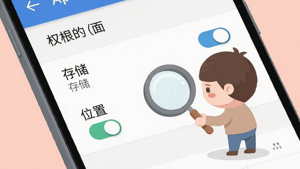 一张手机屏幕特写图,画面显示安卓系统的应用权限管理界面,旁边有一个卡通小人拿着放大镜在检查“存储”和“位置”权限开关,界面风格为扁平化设计,色彩柔和,文字标签清晰,画质干净,无多余元素。