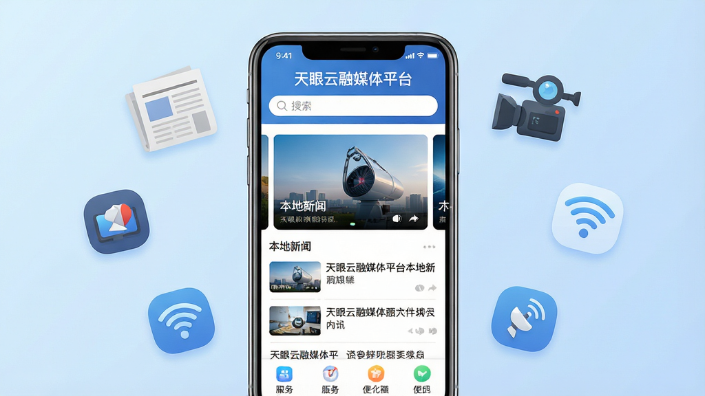一张展示“天眼云融媒体平台”手机应用界面的产品全貌图。画面中央是一部竖屏手机,屏幕内显示新闻资讯首页,顶部有“天眼云融媒体平台”字样和搜索框,中部为本地新闻大图轮播和资讯列表,底部为便民服务图标入口。手机周围漂浮着报纸、摄像机、WiFi信号等融媒体元素图标。背景为浅蓝色渐变,风格现代扁平化,排版清晰,细节干净圆润,画质高清,无多余元素。
