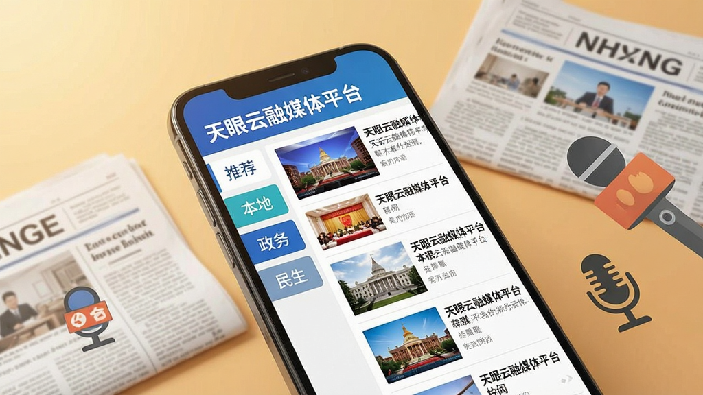 画面主体是一部手机,屏幕显示“天眼云融媒体平台”的新闻分类页面,页面左侧有“推荐”“本地”“政务”“民生”等频道标签,右侧为清晰的图文新闻列表。手机旁边散落着几份展开的报纸和麦克风图标,象征新闻采集。背景为温馨的暖色调,风格简洁明快,排版疏密有致,细节精致,画质干净,无杂乱元素。