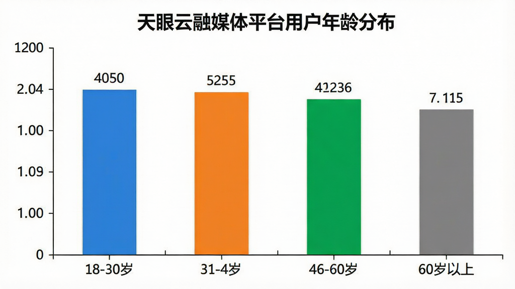 一张数据可视化图表,柱状图形式展示用户年龄分布。横轴为年龄段:18-30岁、31-45岁、46-60岁、60岁以上。纵轴为人数占比。柱子颜色依次为蓝色、橙色、绿色、灰色。图表标题为“天眼云融媒体平台用户年龄分布”。背景为白色,风格简洁商务,数据标签清晰,画质干净。