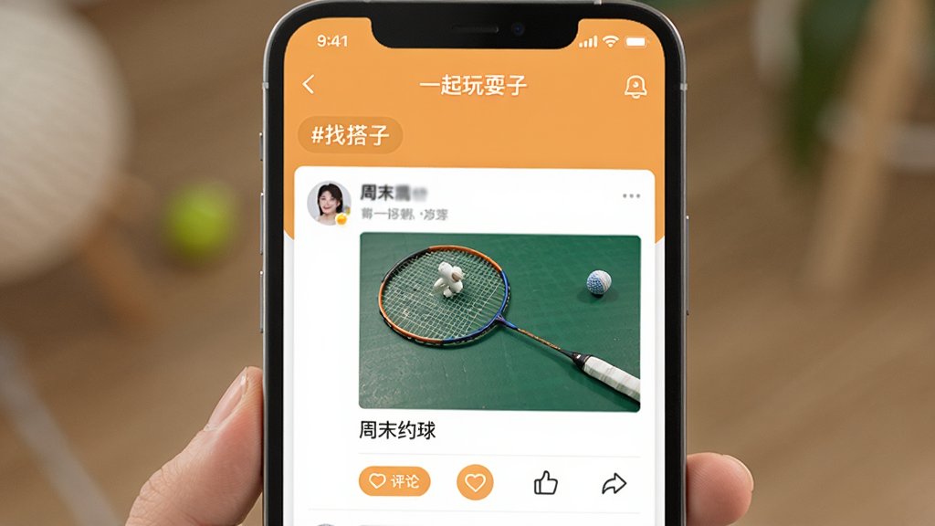 一个手机界面显示“一起玩耍”App的动态广场,屏幕上是一条用户发布的动态,包含一张羽毛球拍的照片和一段文字“周末约球”,下方有评论和点赞按钮,动态上方有话题标签“#找搭子”,界面风格类似社交平台,配色温暖,画质干净无多余元素。