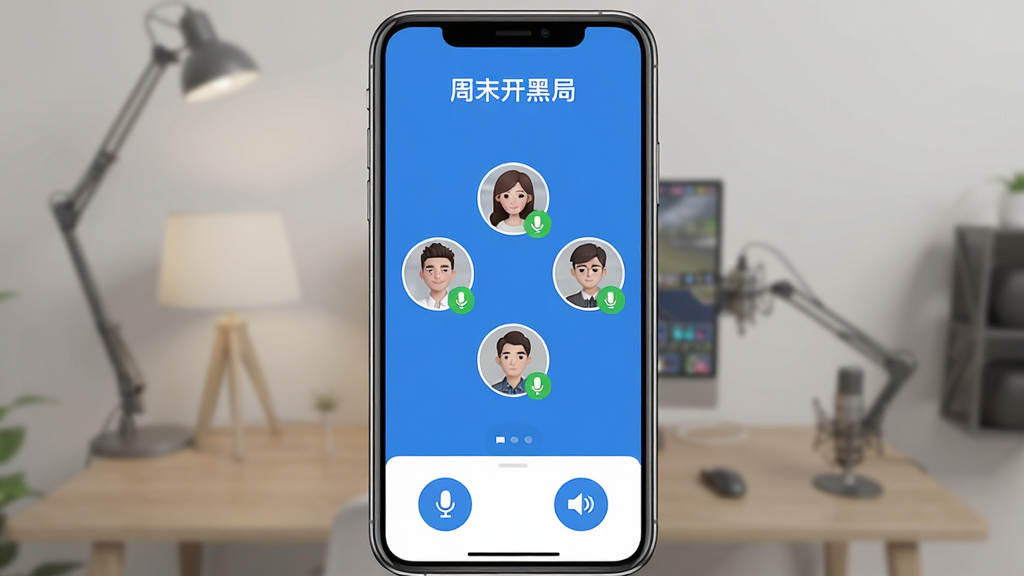 一个多人语音聊天室的手机界面截图,屏幕上方显示房间主题“周末开黑局”,中间是六个用户的头像围成一圈,有人头像旁有绿色麦克风图标表示正在说话,底部是麦克风和扬声器控制按钮,界面风格清爽,配色以蓝白为主,画质干净无多余元素。