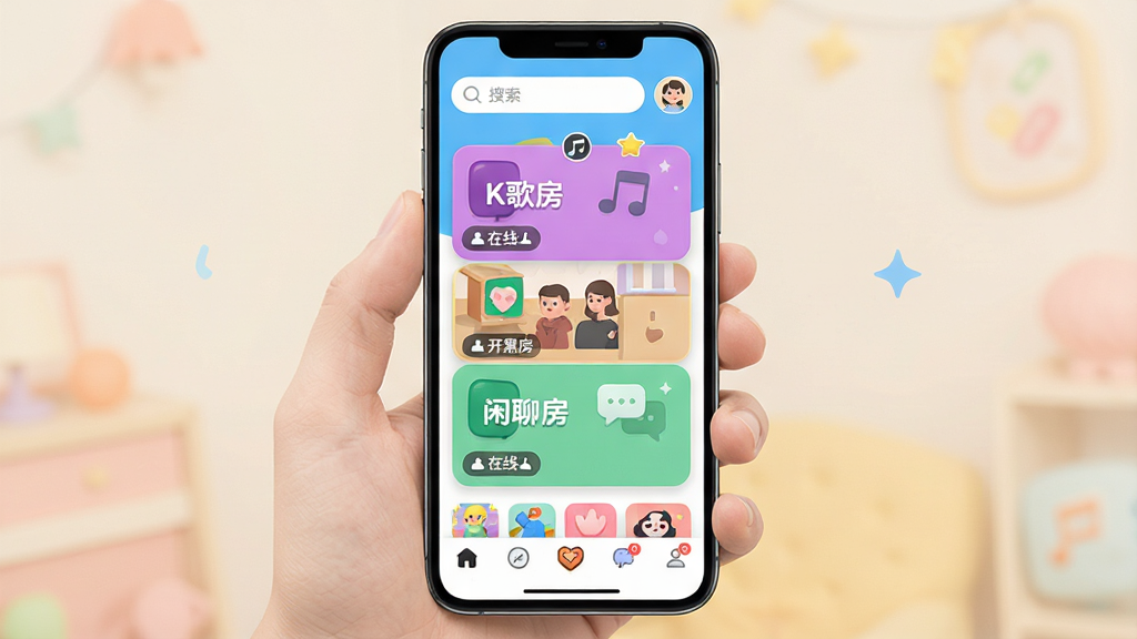 一张展示手机屏幕的图片,屏幕中央显示“一起玩耍”App的主界面,顶部有搜索栏和用户头像,中间是几个不同主题的房间卡片,比如“K歌房”“开黑房”“闲聊房”,每个卡片上有小图标和在线人数,底部是导航栏。整体风格轻松明快,配色活泼,画质干净清晰,无多余元素。