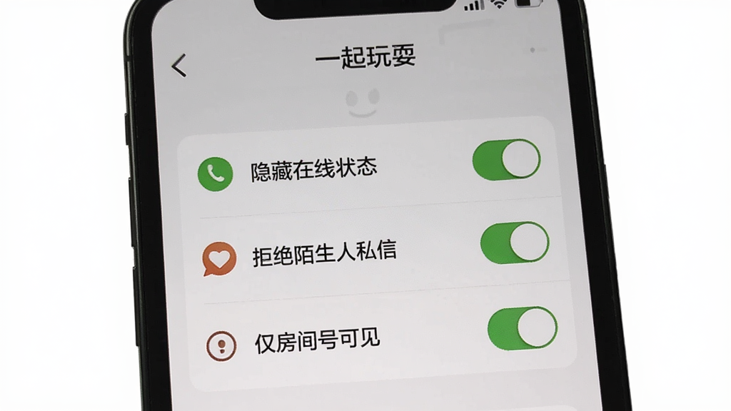 一个手机界面展示“一起玩耍”App的隐私设置页面,屏幕上列出多个开关选项,如“隐藏在线状态”“拒绝陌生人私信”“仅房间号可见”,每个选项旁边有简洁的图标,界面风格干净,配色以灰白为主,画质清晰无多余元素。