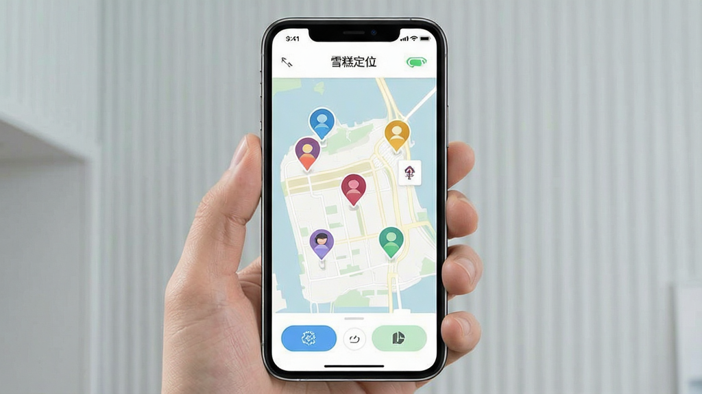 һ���ֻ���Ļչʾѩ�ⶨλApp�����棬���������Ǽ��ĵ�ͼ��ͼ�������ע�ż�����ͬ��ɫ��ͷ��λ�ñ�ǣ�������ʾ��ѩ�ⶨλ������������״̬ͼ�꣬�ײ��ǹ��ܰ�ť��������Ϊǳɫ��ͼ����������ˬ�ִ����������������ʸɾ��޶���Ԫ��