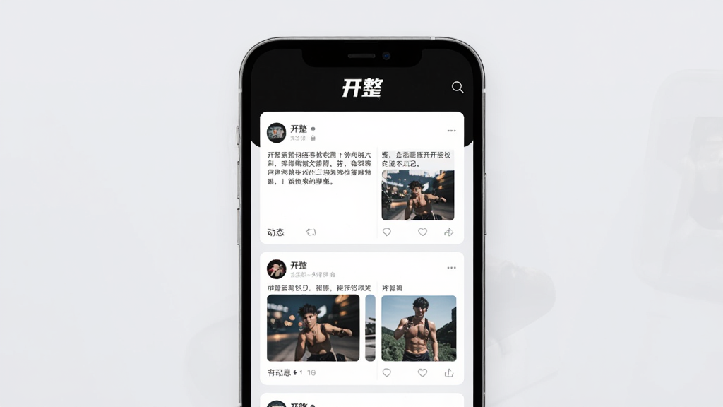 一个手机屏幕展示“开整”应用的动态广场页面,屏幕上显示用户发布的动态卡片,包含文字描述和图片缩略图,界面顶部有“开整”Logo,背景为柔和的浅灰色,风格简约现代,布局整齐,画质清晰,无多余元素
