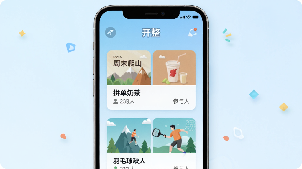 一个手机屏幕显示“开整”应用的组局页面,屏幕上排列着多个卡片式活动邀请,如“周末爬山”、“拼单奶茶”、“羽毛球缺人”,每个卡片上有活动名称和参与人数,背景是淡蓝色渐变,风格活泼,布局清晰,画质干净,无多余元素