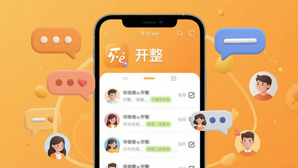 一张展示社交软件界面的手机屏幕,屏幕中央显示“开整”应用名称和聊天列表界面,背景是温暖的橙黄色调,周围环绕着几个卡通风格的聊天气泡和用户头像,画面布局简洁明快,风格现代扁平化,细节圆润,画质干净清晰,无多余元素