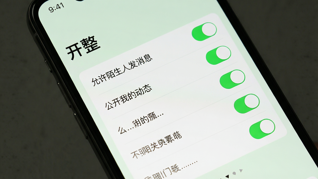 一个手机屏幕显示“开整”应用的隐私设置页面,屏幕上列出多个开关选项如“允许陌生人发消息”、“公开我的动态”等,每个选项旁有清晰的开关按钮,背景为淡绿色,风格简洁安全,布局明了,画质干净,无多余元素