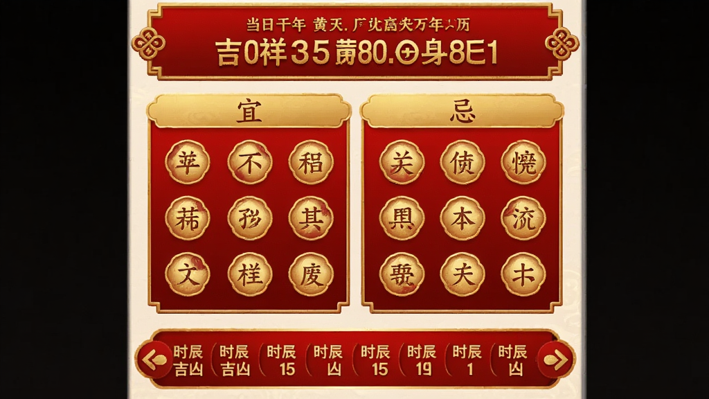 吉祥万年历黄历详情页的界面展示,页面顶部是红底金字的当日干支信息,中间用左右两栏分别列出“宜”和“忌”的事项图标,底部是时辰吉凶的横向滚动条,整体排版工整,配色以红金为主,风格传统又不失现代感,画质清晰,无杂乱元素