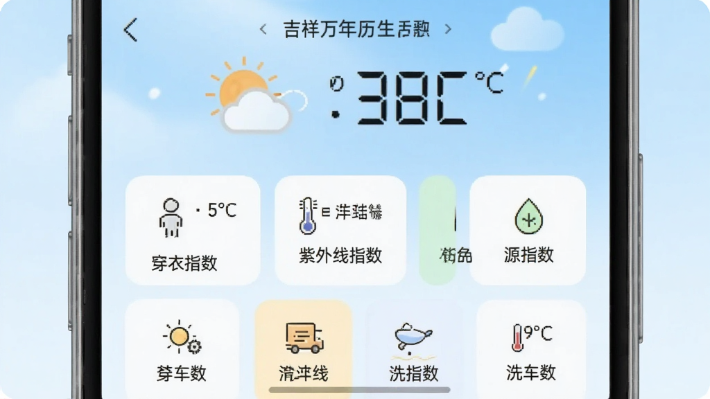吉祥万年历生活指数页面的手机截图,画面中上方是天气图标和温度数字,下方以卡片形式排列着穿衣指数、紫外线指数、洗车指数等小方块,每个方块里有一个简笔小图标和文字说明,背景为浅蓝色渐变,风格清爽干净,画质明亮,无多余装饰